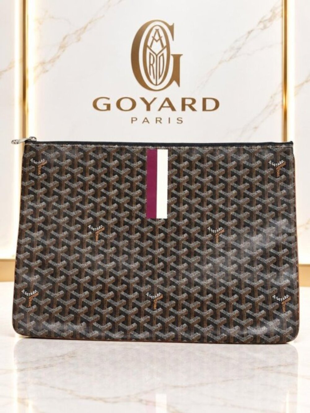 Authentic Goyard Senat GM Black Brown Goyardine Zip Document Pouch Clutch